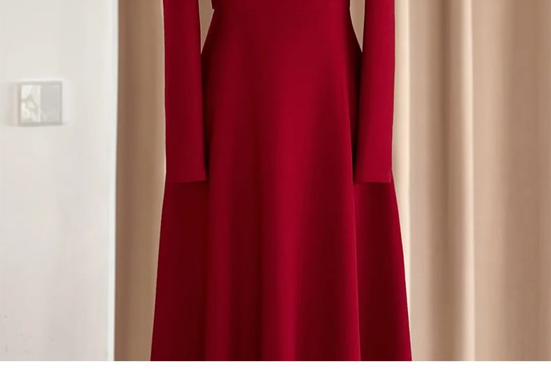 Long-Sleeve Square-Neck Plain Bow A-Line Evening Gown