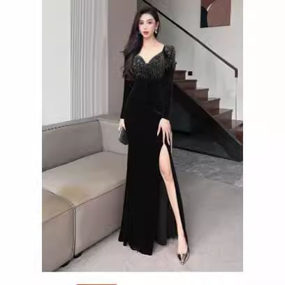 Long-Sleeve V-Neck Rhinestone Mermaid Evening Gown