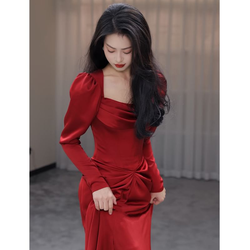 Long-Sleeve Square Neck Plain Ruched Slit Mermaid Evening Gown