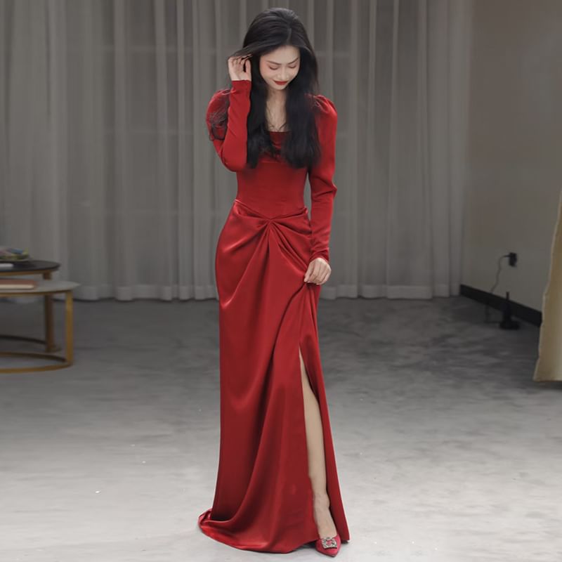 Long-Sleeve Square Neck Plain Ruched Slit Mermaid Evening Gown