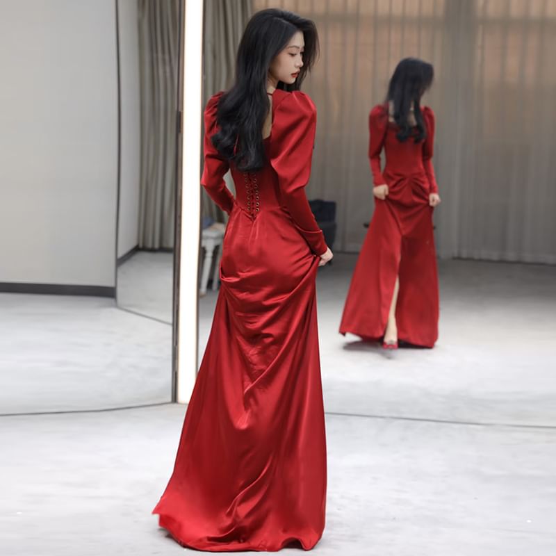 Long-Sleeve Square Neck Plain Ruched Slit Mermaid Evening Gown