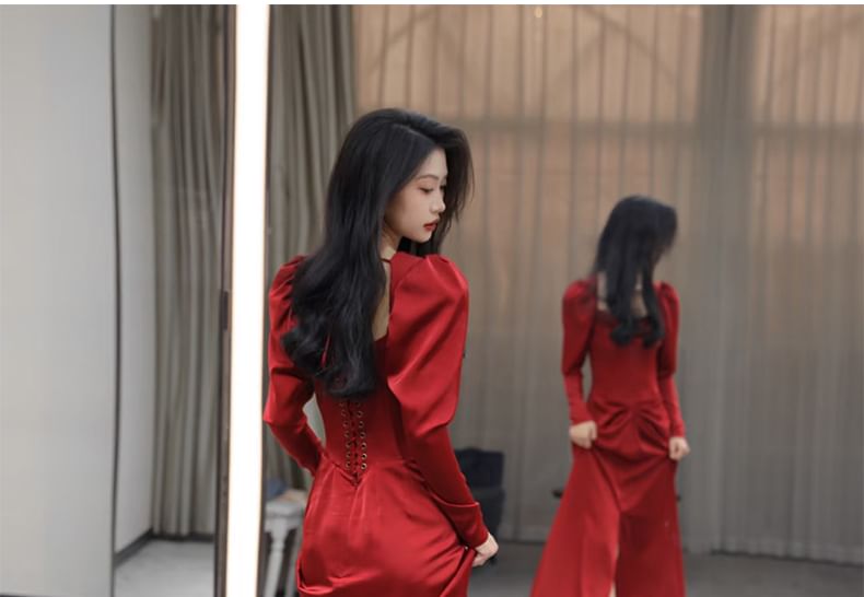 Long-Sleeve Square Neck Plain Ruched Slit Mermaid Evening Gown