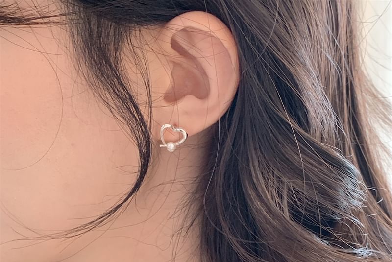 Silver Faux Stud 925 Pearl Heart Earring Sterling