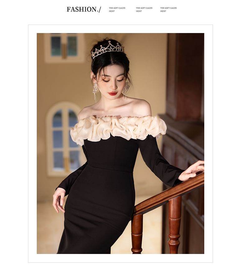 Long-Sleeve Off Shoulder Ruffle Trim Two Tone Mermaid Evening Gown