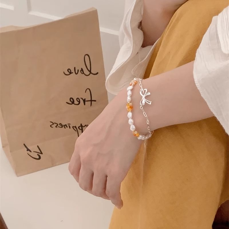 / Bracelet Beaded Bow 925 Pearl Sterling Silver Natural