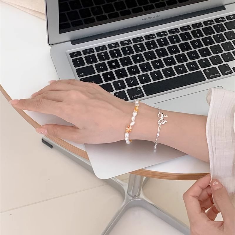 / Bracelet Beaded Bow 925 Pearl Sterling Silver Natural