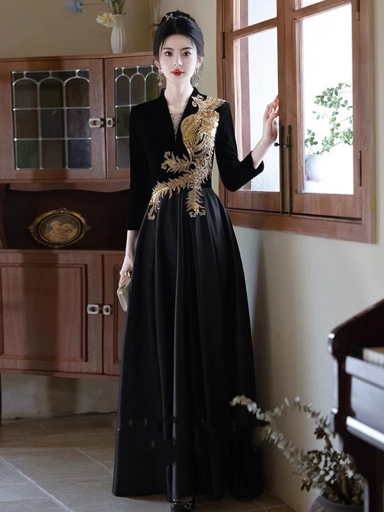 Long-Sleeve V-Neck Phoenix Embroidered Sequin A-Line Evening Gown