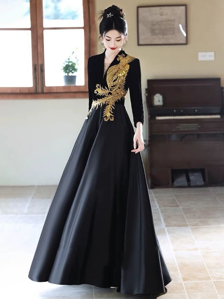Long-Sleeve V-Neck Phoenix Embroidered Sequin A-Line Evening Gown