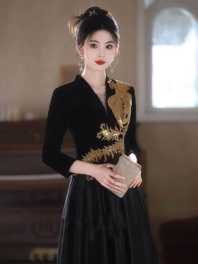 Long-Sleeve V-Neck Phoenix Embroidered Sequin A-Line Evening Gown