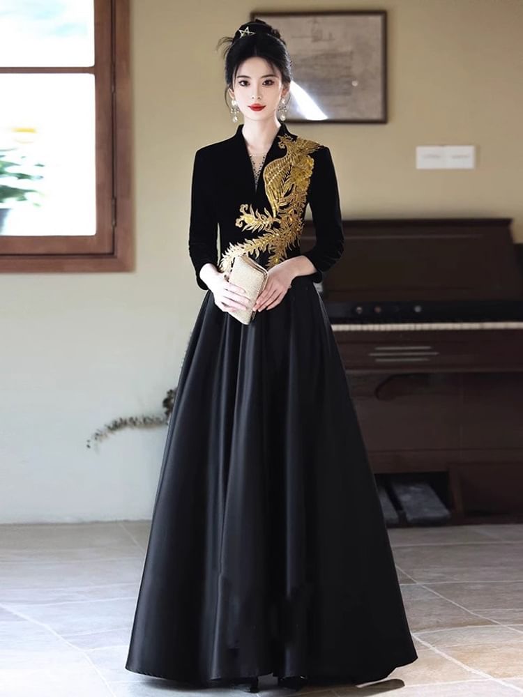 Long-Sleeve V-Neck Phoenix Embroidered Sequin A-Line Evening Gown