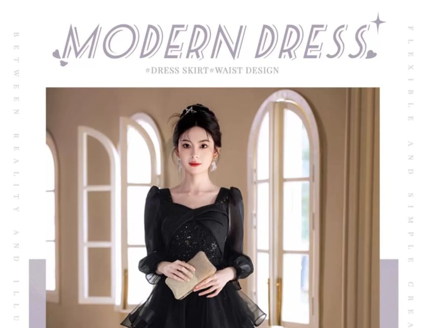 Long Sleeve Square Neck Starry A-Line Evening Gown