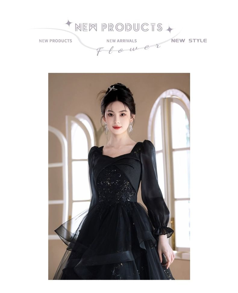 Long Sleeve Square Neck Starry A-Line Evening Gown