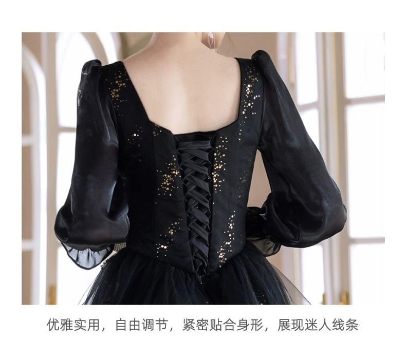 Long Sleeve Square Neck Starry A-Line Evening Gown