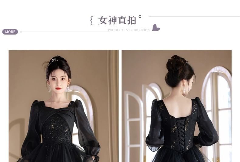 Long Sleeve Square Neck Starry A-Line Evening Gown