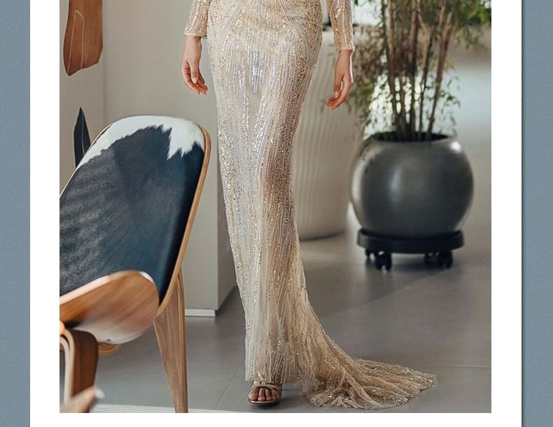 Long-Sleeve Off-Shoulder Sequin Mermaid Evening Gown