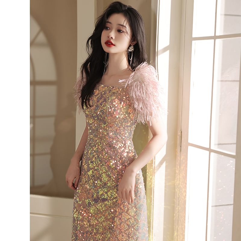 Feather Short-Sleeve Square Neck Sequined Sheath Evening Gown (Various Designs)