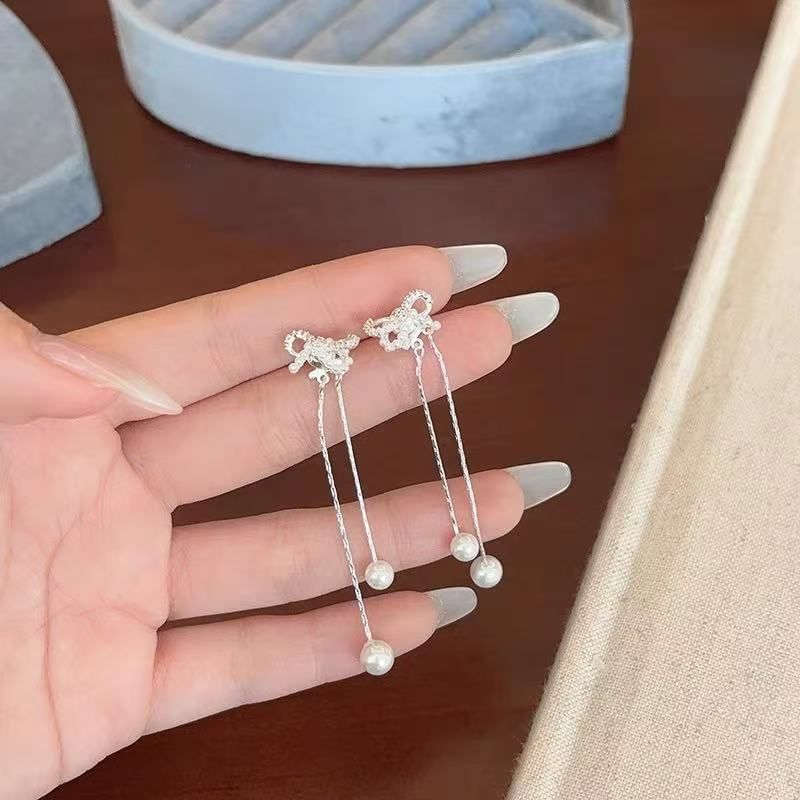 Pearl Earring Dangle Rhinestone Bowknot Faux
