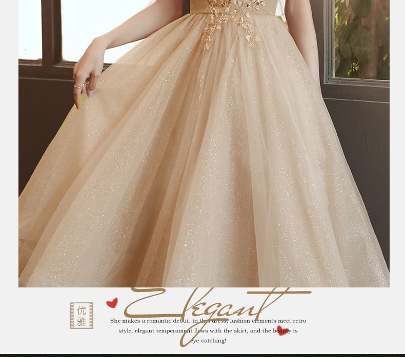 Short-Sleeve Sequin Mesh A-Line Evening Gown / Midi Dress