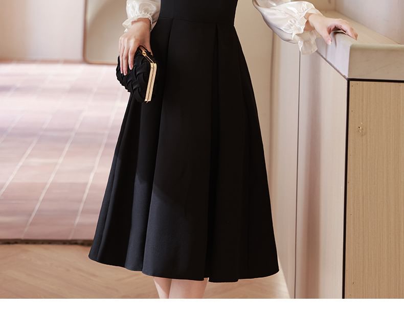 Long-Sleeve Square Neck Two Tone Midi A-Line Evening Dress