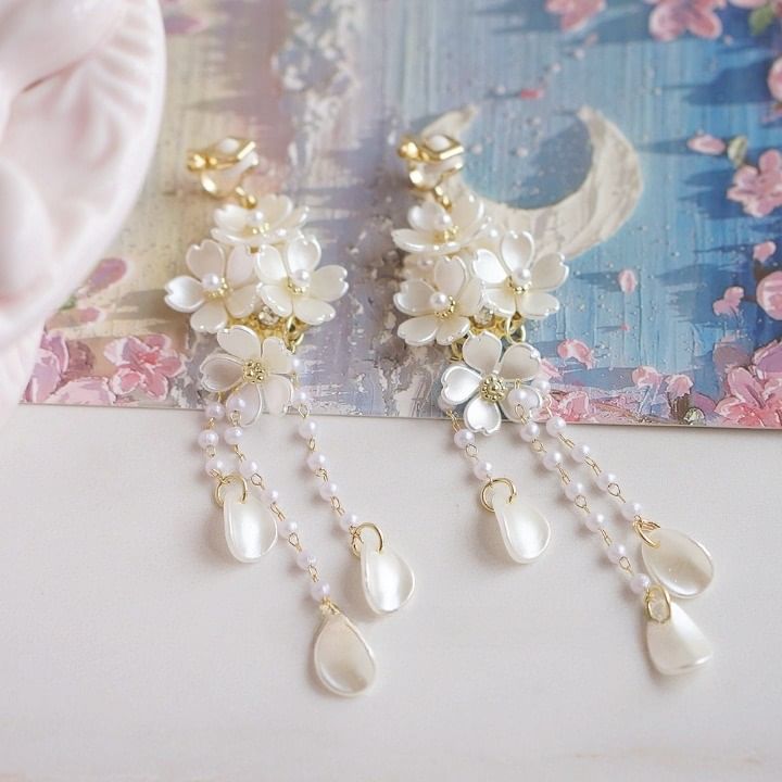 / Flower Silver Pearl Drop Faux Sterling Earring 925 Clip-On