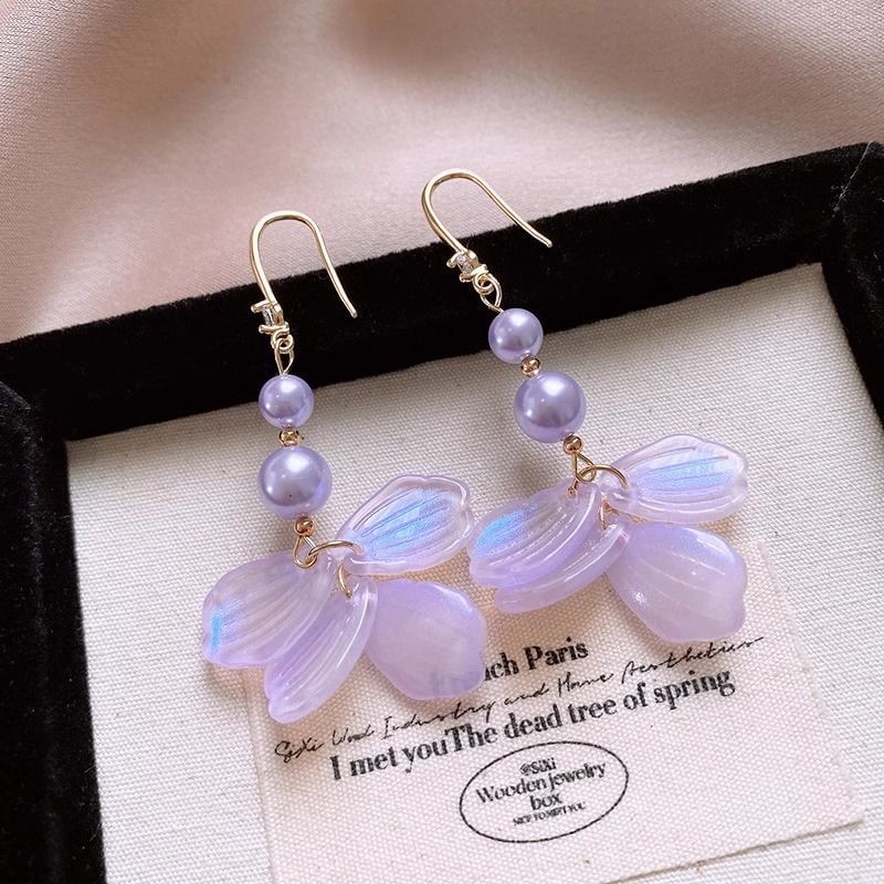 Dangle Alloy Petal Earring Pearl Faux