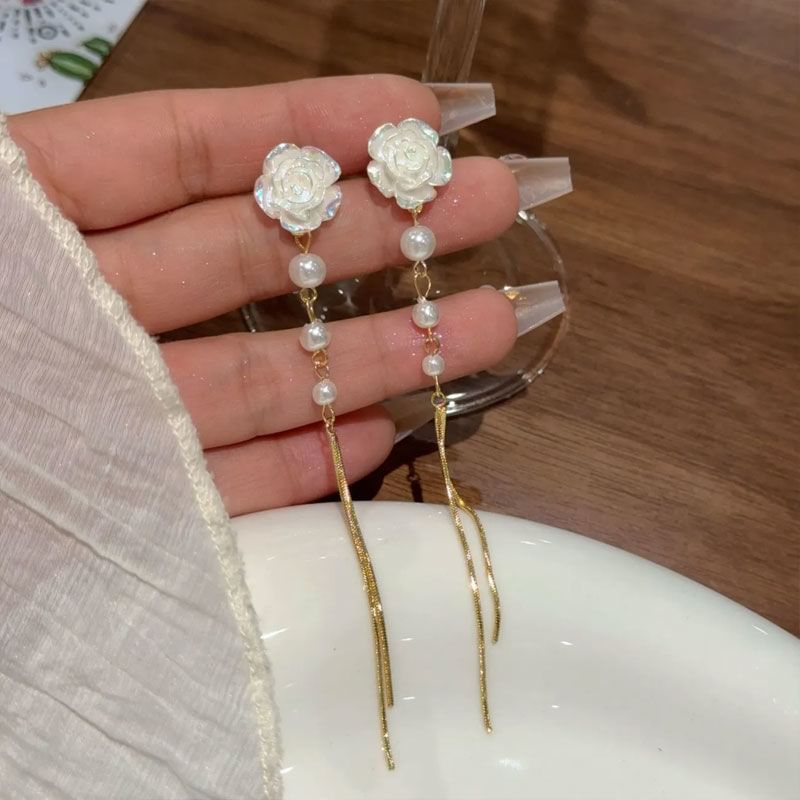 Pearl Threader Floral Earring Faux Alloy