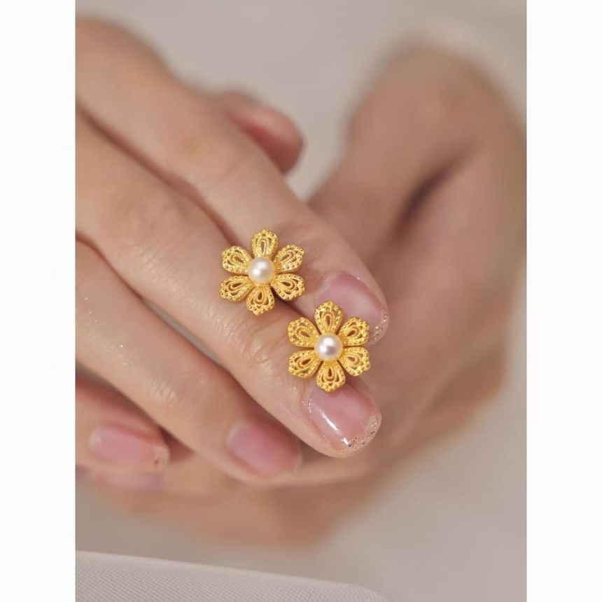 Earring Pearl Alloy Faux Stud Floral