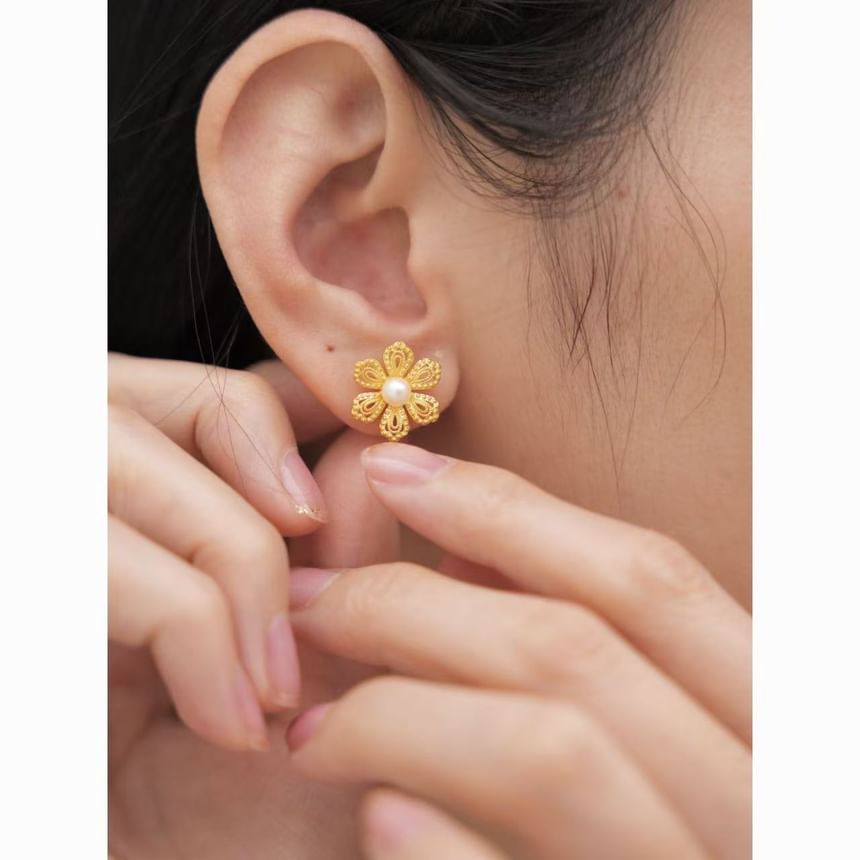 Earring Pearl Alloy Faux Stud Floral