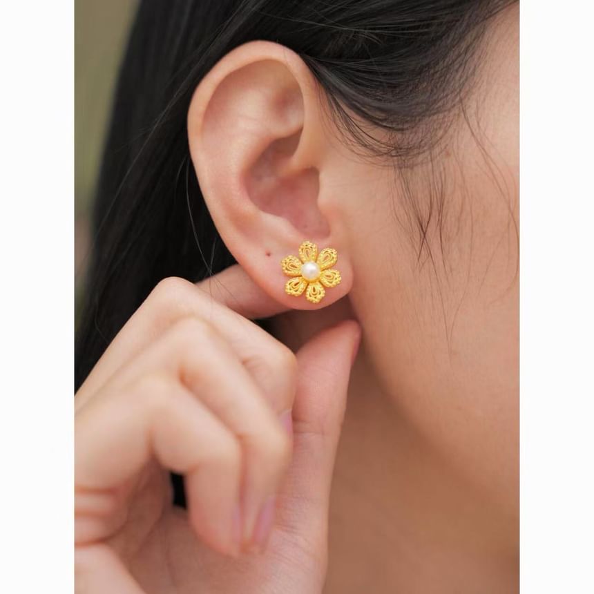 Earring Pearl Alloy Faux Stud Floral