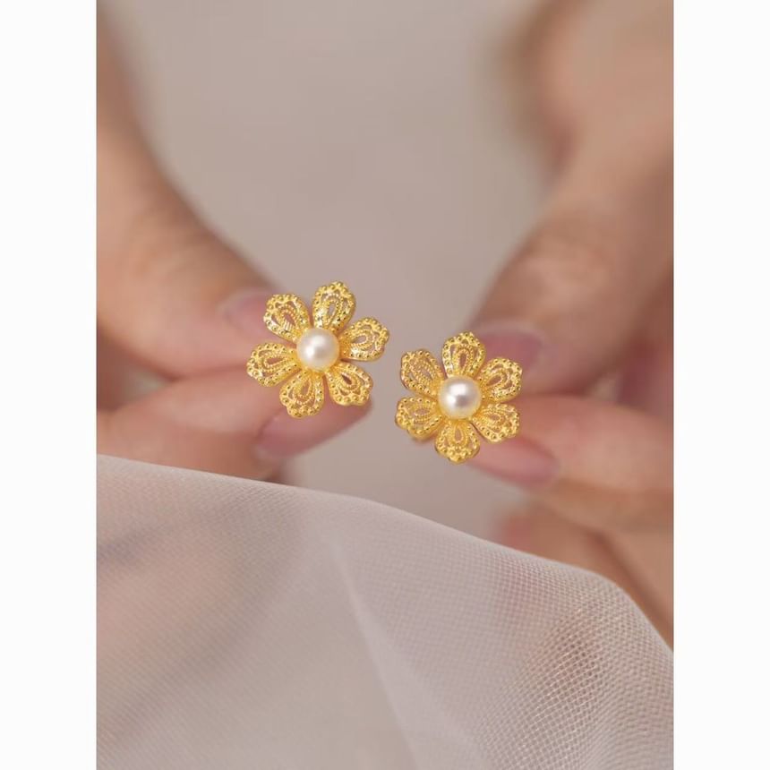 Earring Pearl Alloy Faux Stud Floral