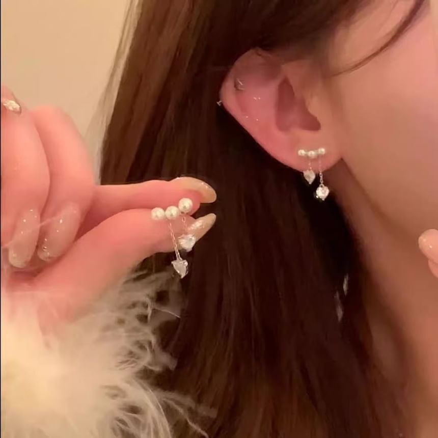 Faux Pearl Earring Rhinestone Dangle Heart Alloy