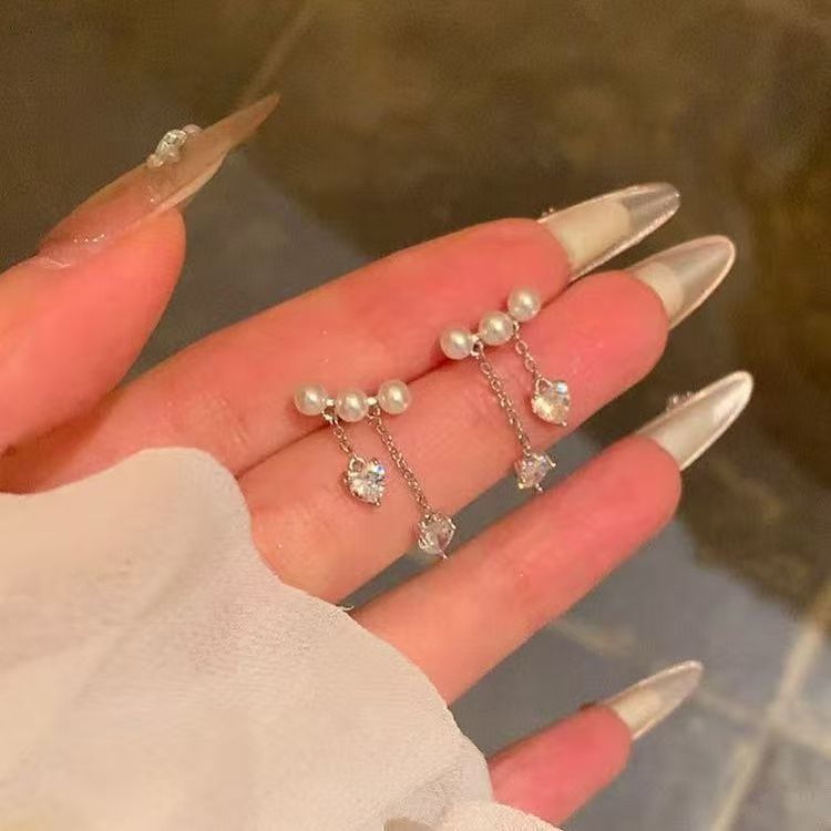 Faux Pearl Earring Rhinestone Dangle Heart Alloy