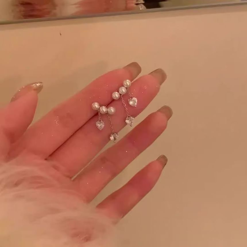 Faux Pearl Earring Rhinestone Dangle Heart Alloy