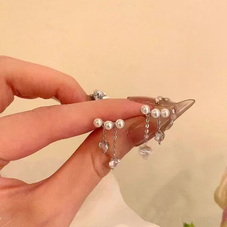 Faux Pearl Earring Rhinestone Dangle Heart Alloy