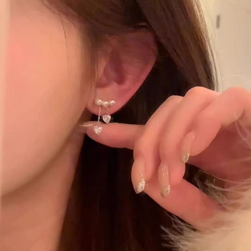 Faux Pearl Earring Rhinestone Dangle Heart Alloy