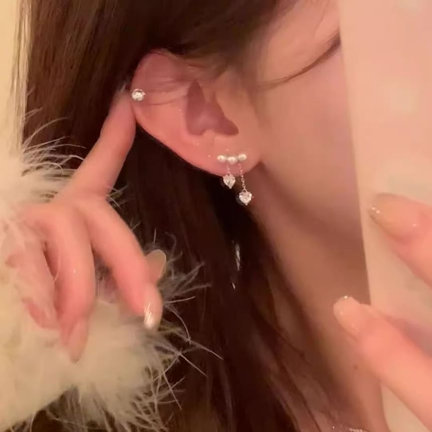 Faux Pearl Earring Rhinestone Dangle Heart Alloy