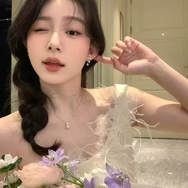 Faux Pearl Earring Rhinestone Dangle Heart Alloy