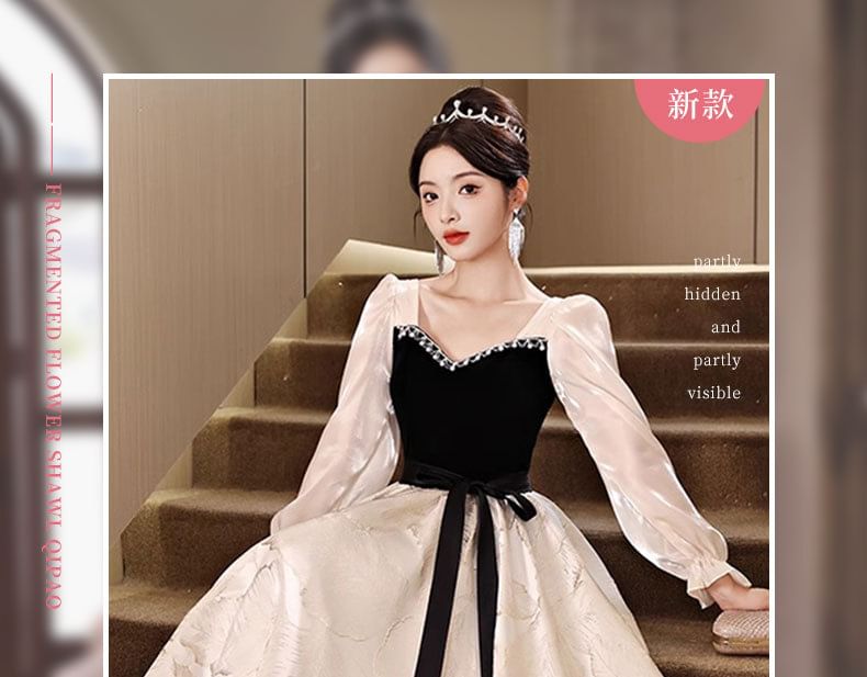 Long-Sleeve Square Neck Two Tone  Evening Gown