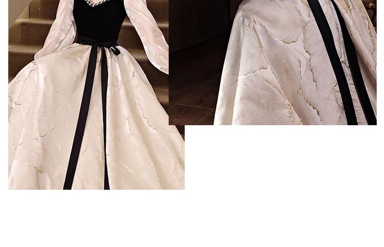 Long-Sleeve Square Neck Two Tone  Evening Gown