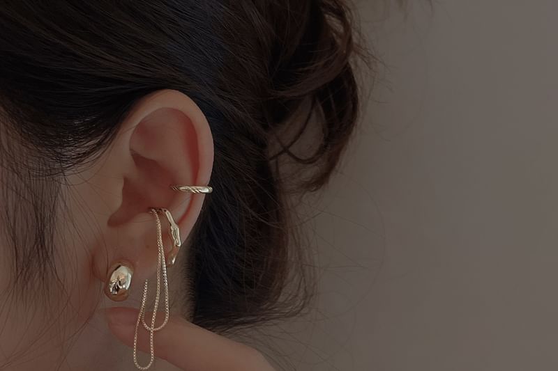 925 Hoop + Ear Sterling Silver Cuff Earring Plain Chain Set: