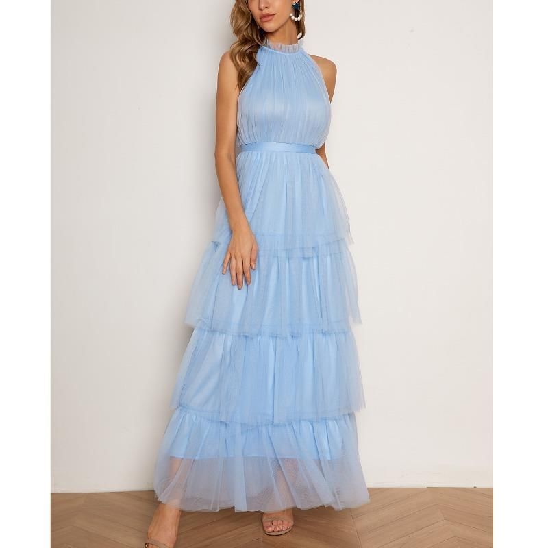 Halter Neck Stand Collar Plain Tiered Ruffle Mesh Midi A-Line Cocktail Dress