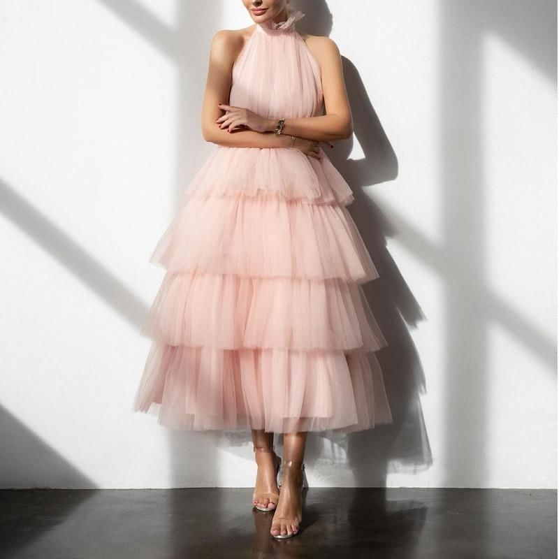 Halter Neck Stand Collar Plain Tiered Ruffle Mesh Midi A-Line Cocktail Dress