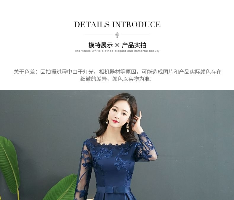 Long-Sleeve Round Neck Lace Panel Evening Gown