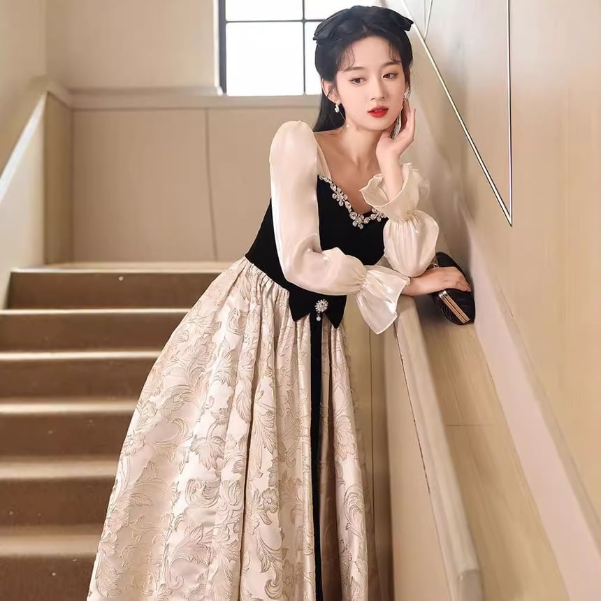 Long-Sleeve Two Tone A-Line Evening Gown