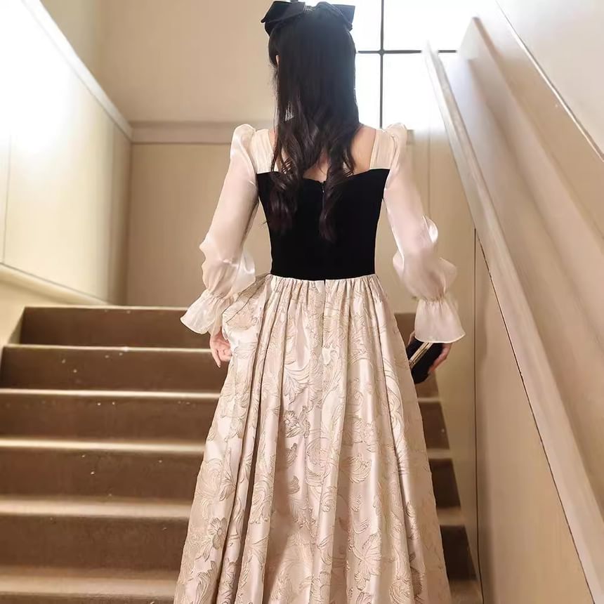 Long-Sleeve Two Tone A-Line Evening Gown