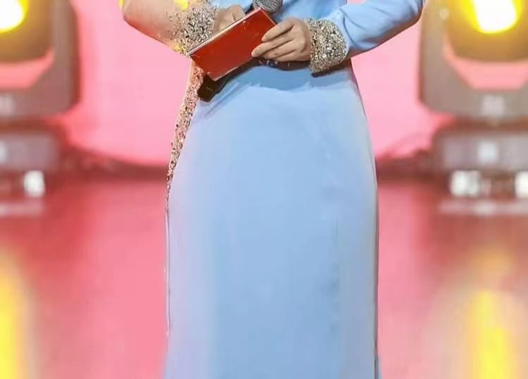 Long-Sleeve Rhinestone Sheer Panel A-Line Evening Gown