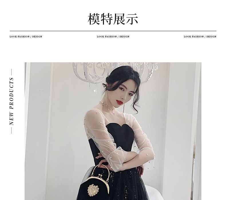 Long Sleeve Sweetheart Neck Two Tone Beaded Sequin Panel Mesh A-Line Evening Gown / Midi Cocktail Dress