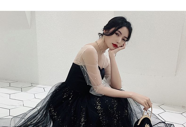 Long Sleeve Sweetheart Neck Two Tone Beaded Sequin Panel Mesh A-Line Evening Gown / Midi Cocktail Dress