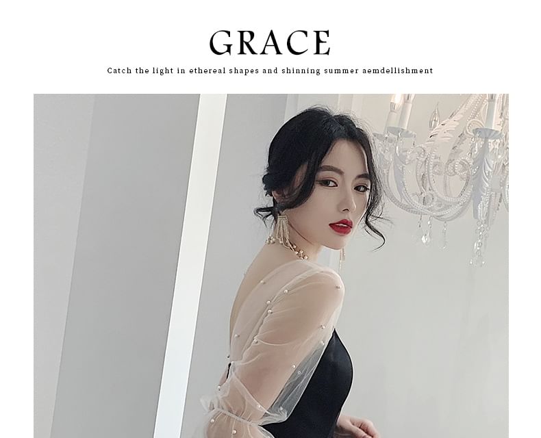 Long Sleeve Sweetheart Neck Two Tone Beaded Sequin Panel Mesh A-Line Evening Gown / Midi Cocktail Dress