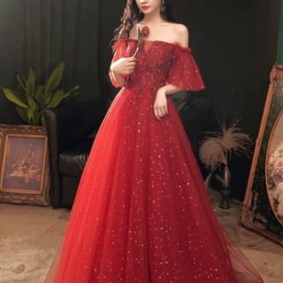 Short-Sleeve Sequin A-Line Evening Gown